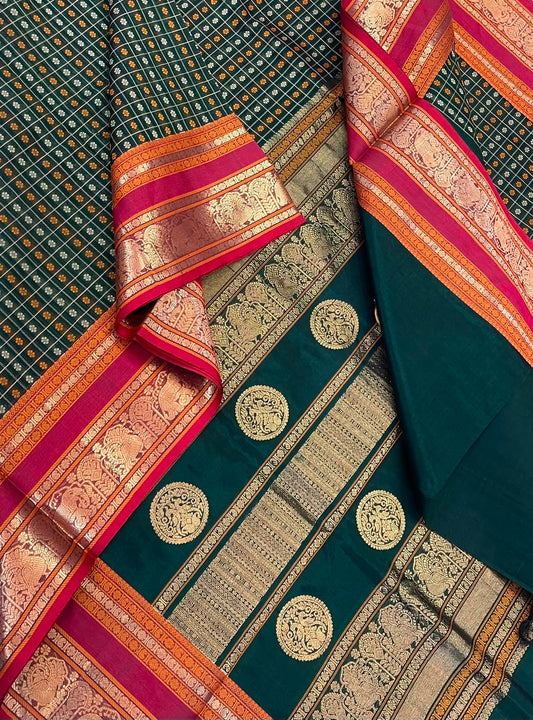 Kanchi Silk Cotton Sarees | 1000 butta  X rich zari pallu | bottle green X gold X red