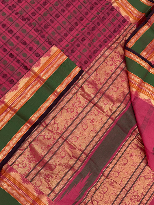 Pure Handloom Kanchi rich Cotton Saree | Zari border X  1000 BUTTA | pink X green | intricate rich thread woven Pallu