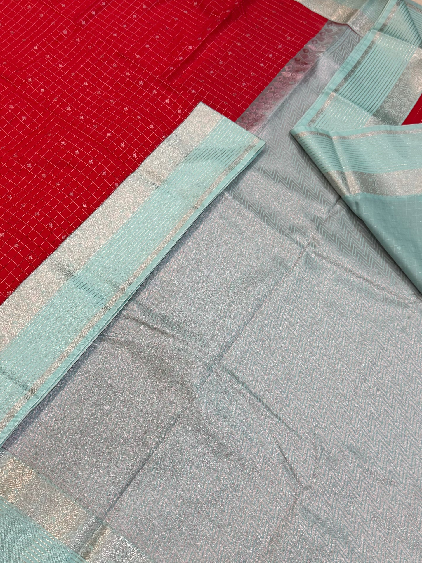 Vegan Silk Sarees Online | tiny motif X rettaipet | red X teal blue