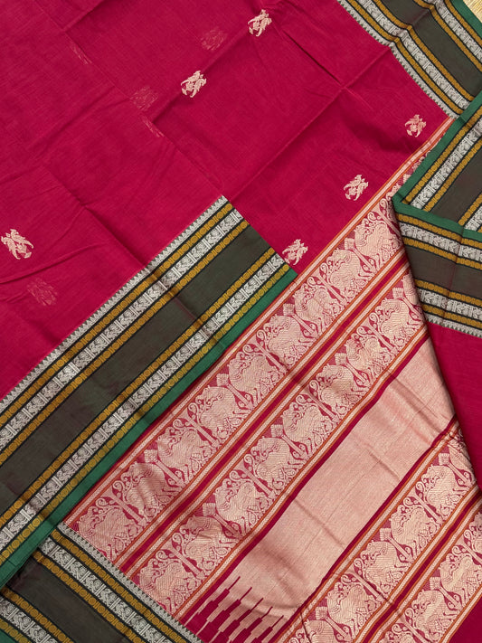 Pure Handloom Kanchi rich Cotton Saree | red X green | intericate weave mayil rettaipet border