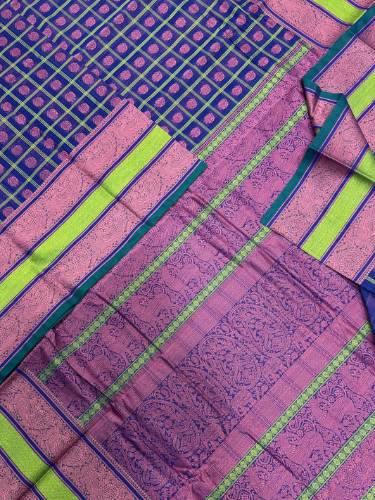 Kanchi handloom rich cotton |1000 BUTTA X thread rettaipet border | blue x pink X neon green