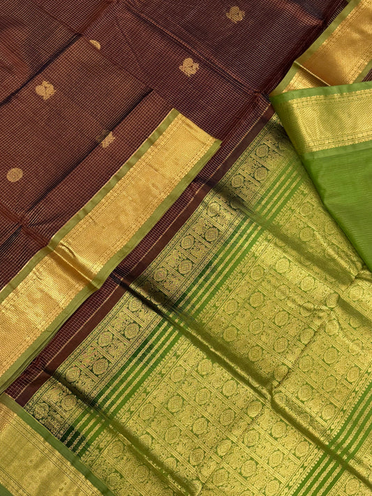 Kanchi Silk Cotton Sarees | luxury silk cotton | muthukattam x mayil chakram  | brown X green | NKV37