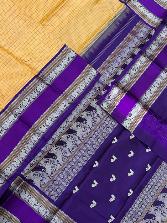Pure Kanjivarams | korvai zero zari | kattam X tiny mayil pallu |manjal x dark violet | Handwoven luxury x 4 ply master weave | NKV35