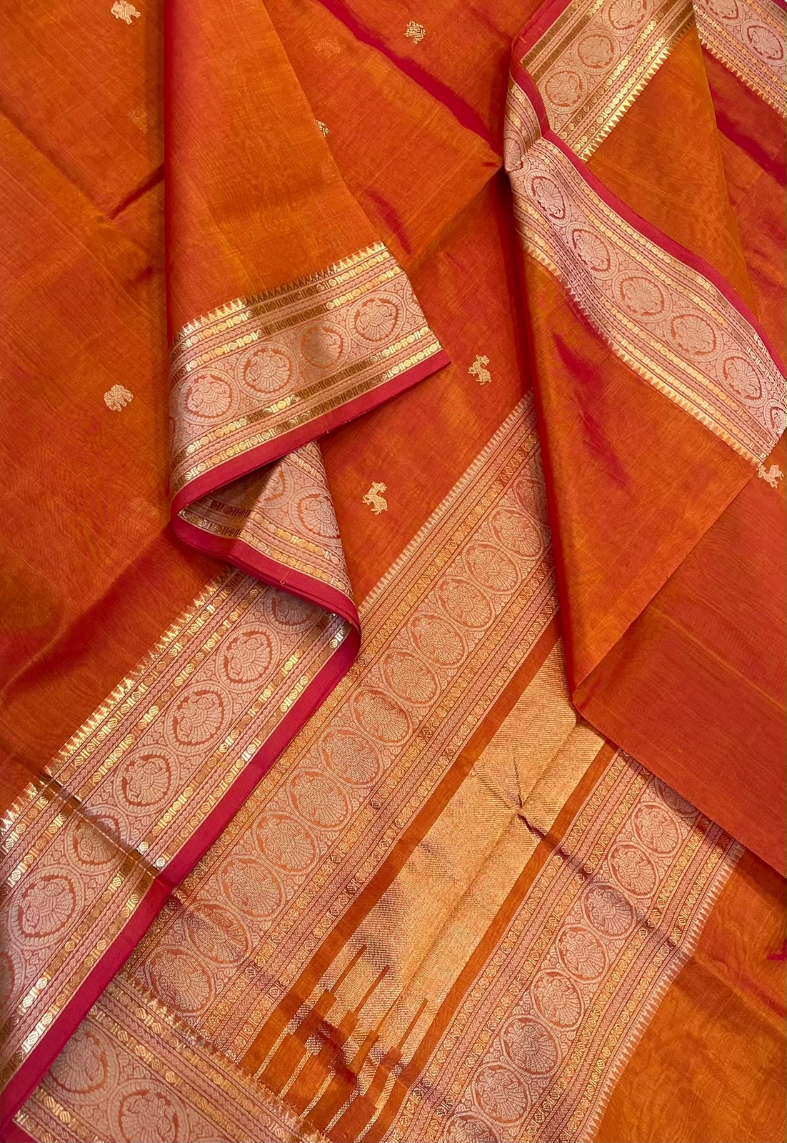 Kanchi Silk Cotton Sarees | luxury silk cotton | maan X yhazli tiny motif | orange X gold