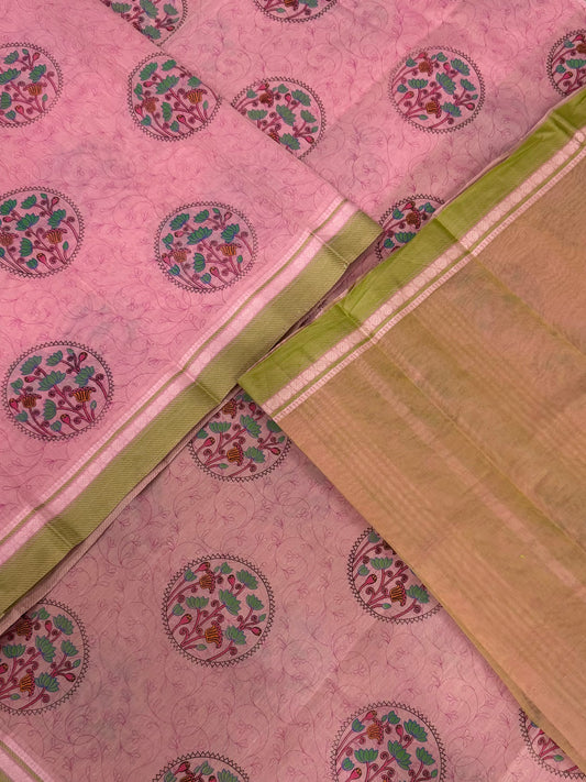 Kadhi soft Cotton | pastel pink X green | thread border X floral