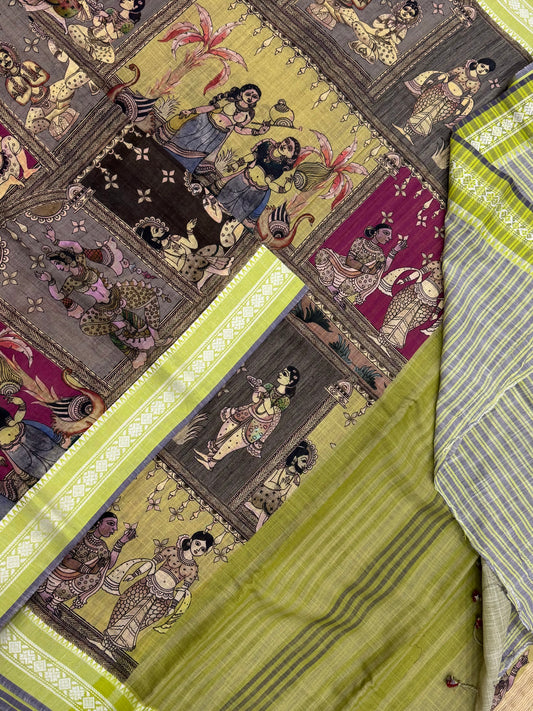 Ponduru feather soft cotton | story telling saree | brown x pink X green