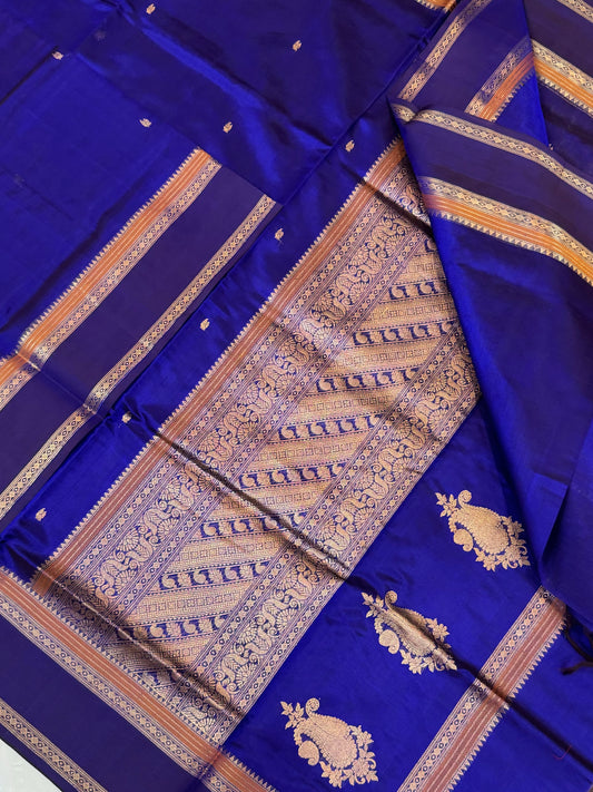 Kanchi Silk Cotton Sarees | tiny mayil motif X rettaipet border | Ms blue X mustard
