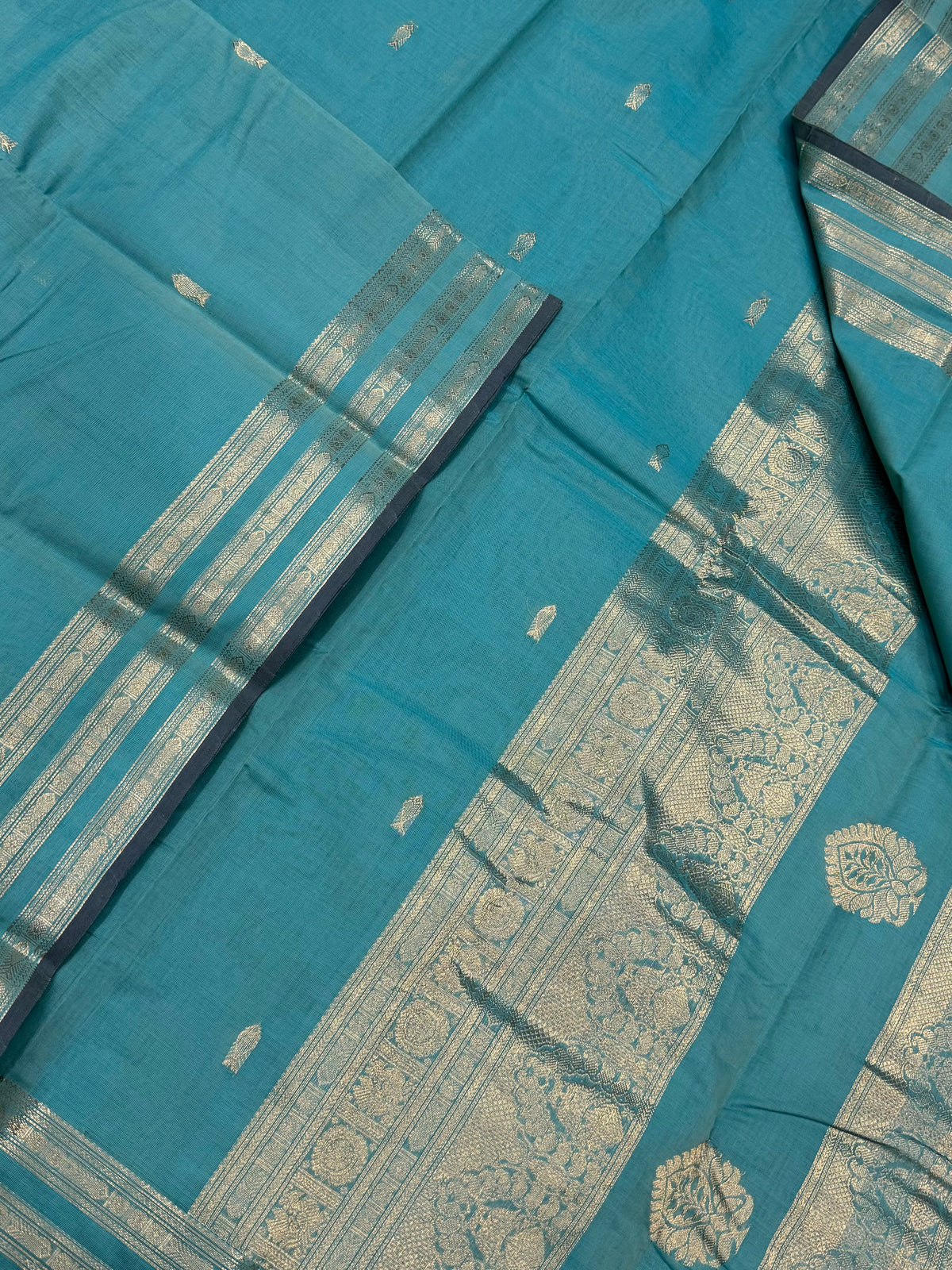 Pure Handloom Kanchi rich Cotton Saree | triple border | pastel blue x gold