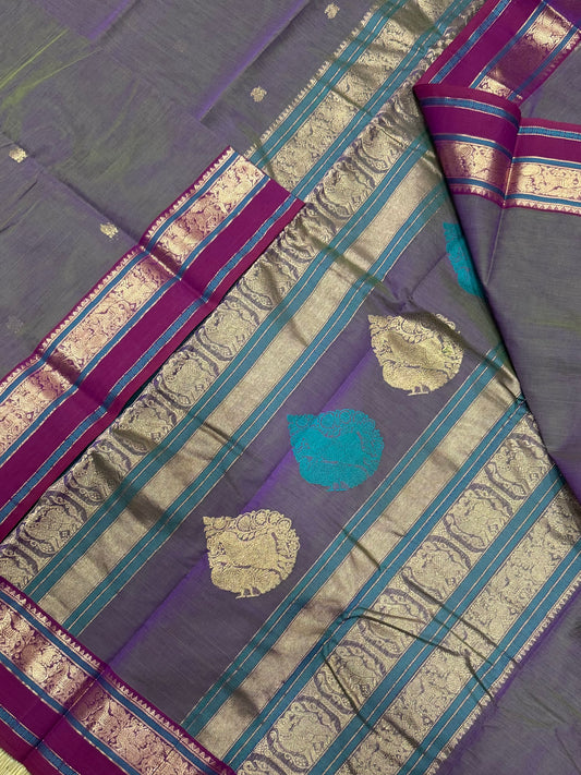Pure Handloom Kanchi rich Cotton | Zari woven border  |twotone X dark pink | intricate rich Zari woven Pallu & borders