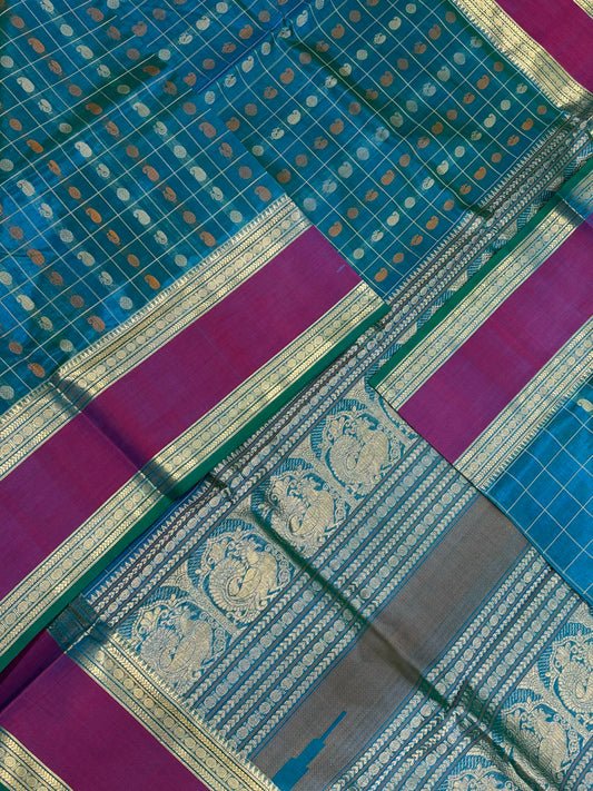 Kanchi Silk Cotton Sarees | 1000 mango motif | two tone blue x rettaipet zari border | NKV20