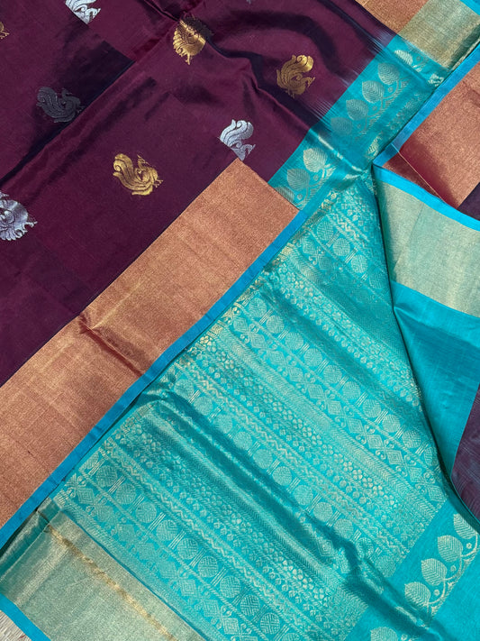 Kanchi Silk Cotton Sarees | brown x teal | mayil motif
