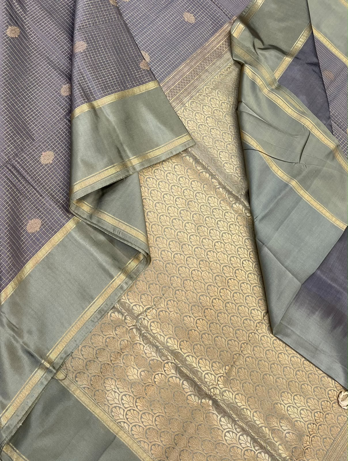 Vegan Silk Sarees Online | muthukattam X chakram motif | grey X teal green