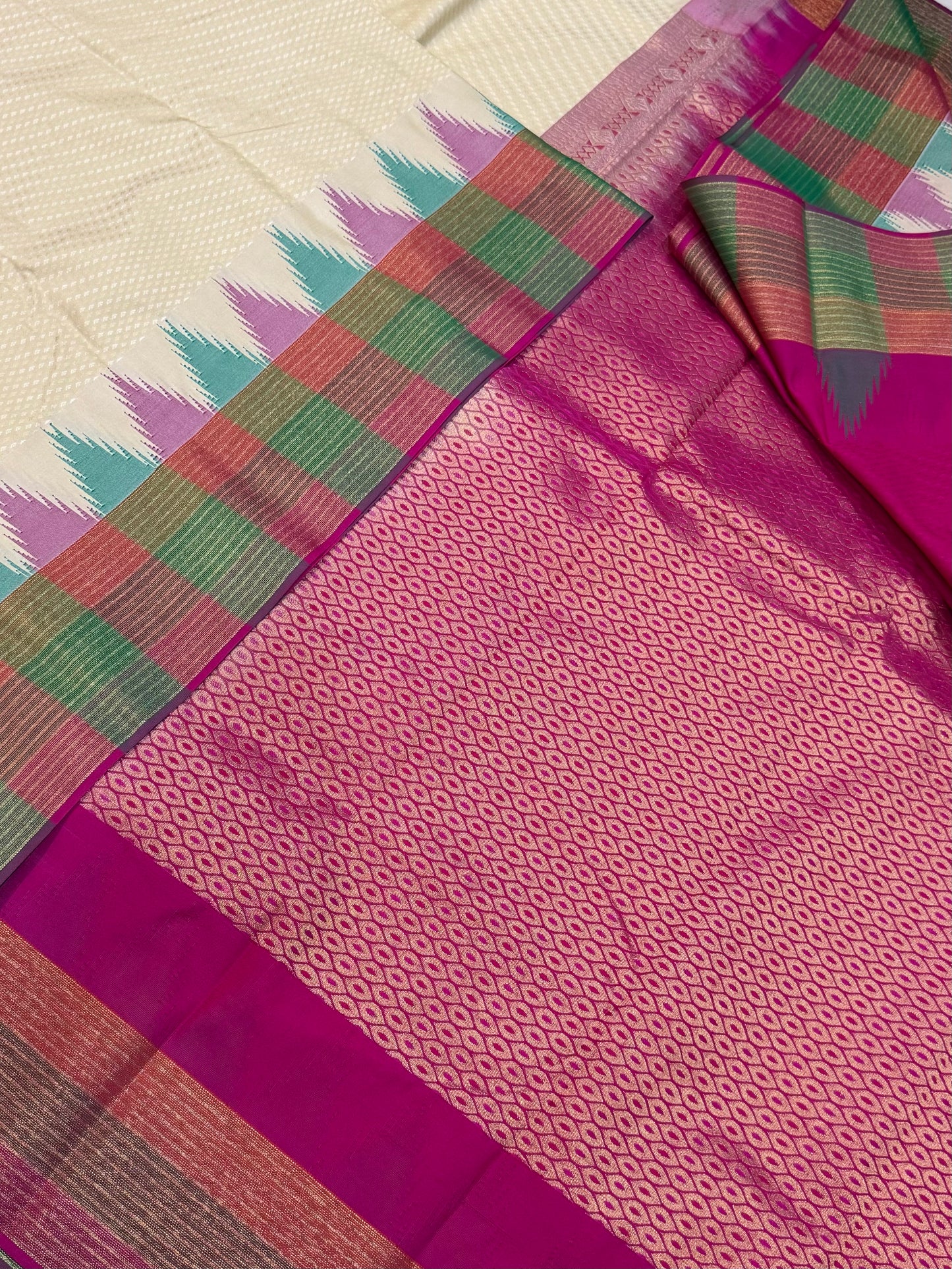 Vegan Silk Sarees Online | border kattam X multi color| cream X Rani pink pallu