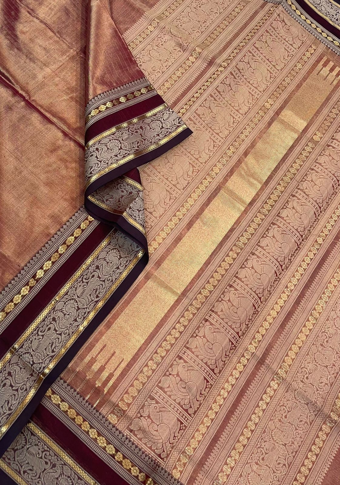 Kanchi Tissue Silk Cotton Sarees | vairaoosi X threads |  pastel orange x Gold |NKV02