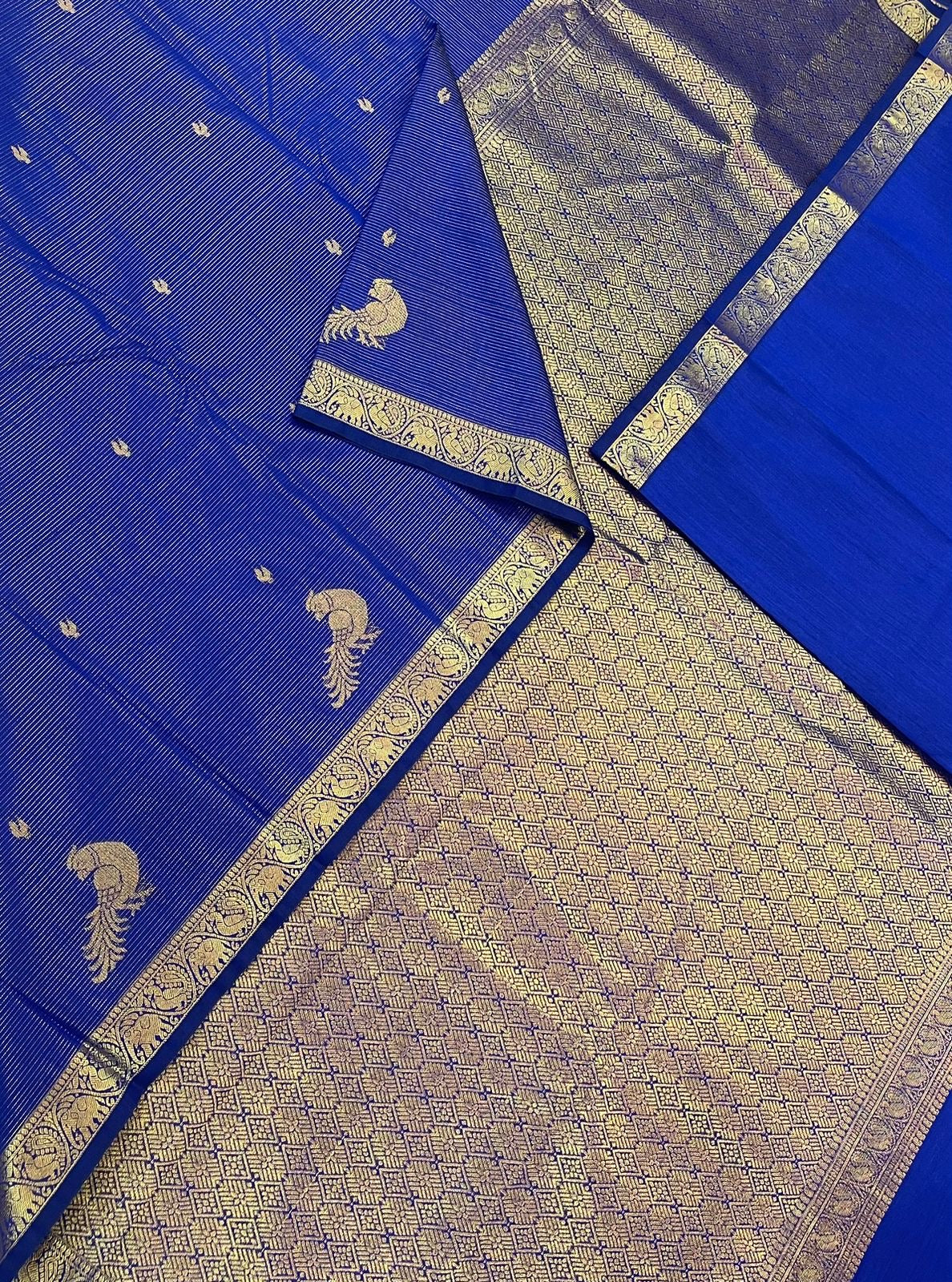Semi Silk soft Cotton Sarees | vairaoosi X parrot x tiny zari border | royal blue X gold | NKV11