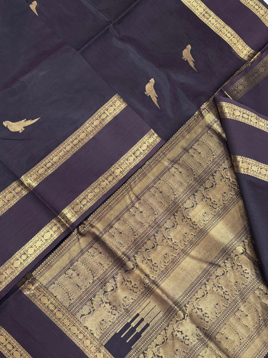 Kanchi Silk Cotton Sarees | killi motifs | brown X gold