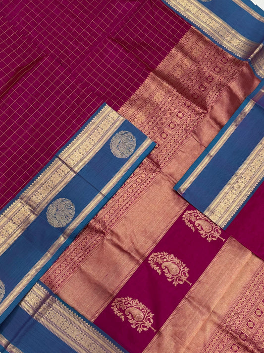Kanchi Silk Cotton Sarees | kattam x yaanai mayil Zari border | dark pink x sky blue zari border | NKV20