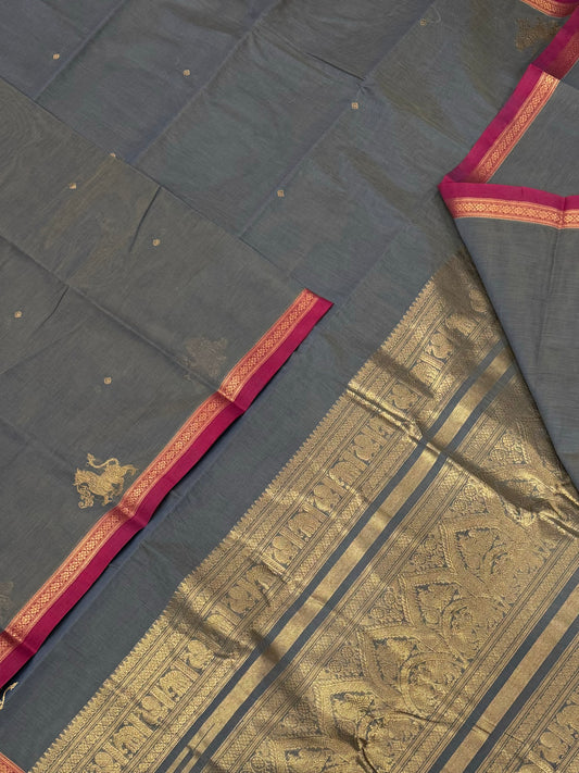 Pure Handloom Kanchi rich Cotton Saree | grey X pink | tiny border