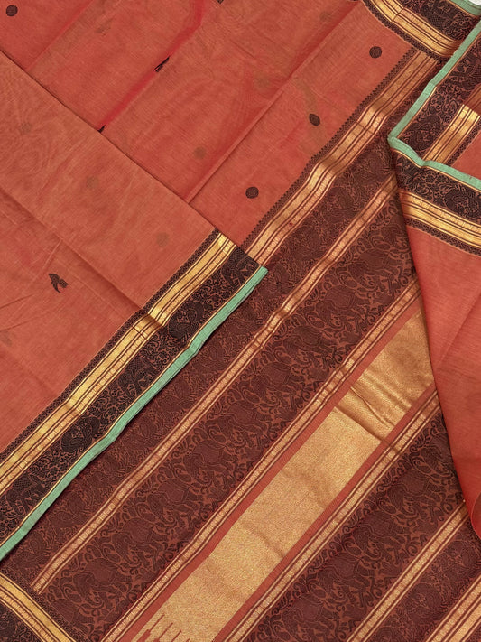 Pure Handloom Kanchi rich Cotton Saree | pastel orange xteal zari | thread weaving