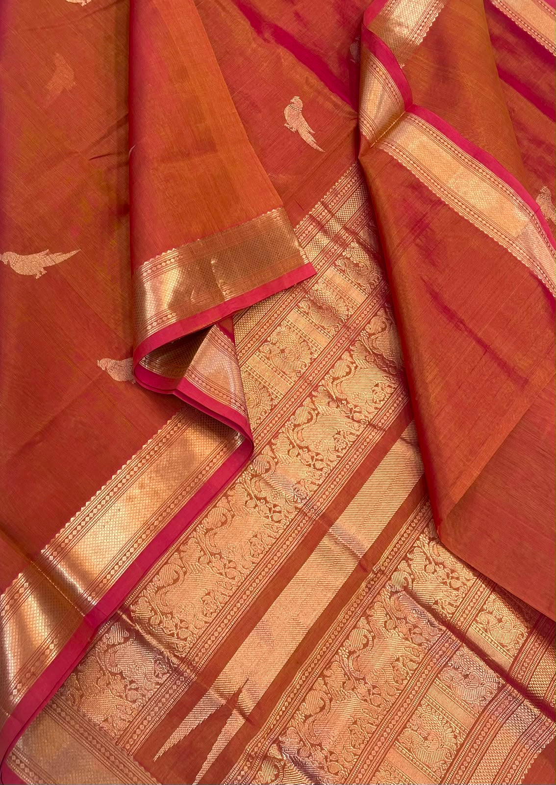 Kanchi Silk Cotton Sarees | luxury silk cotton | rich zari border X killi motif| twotone orange