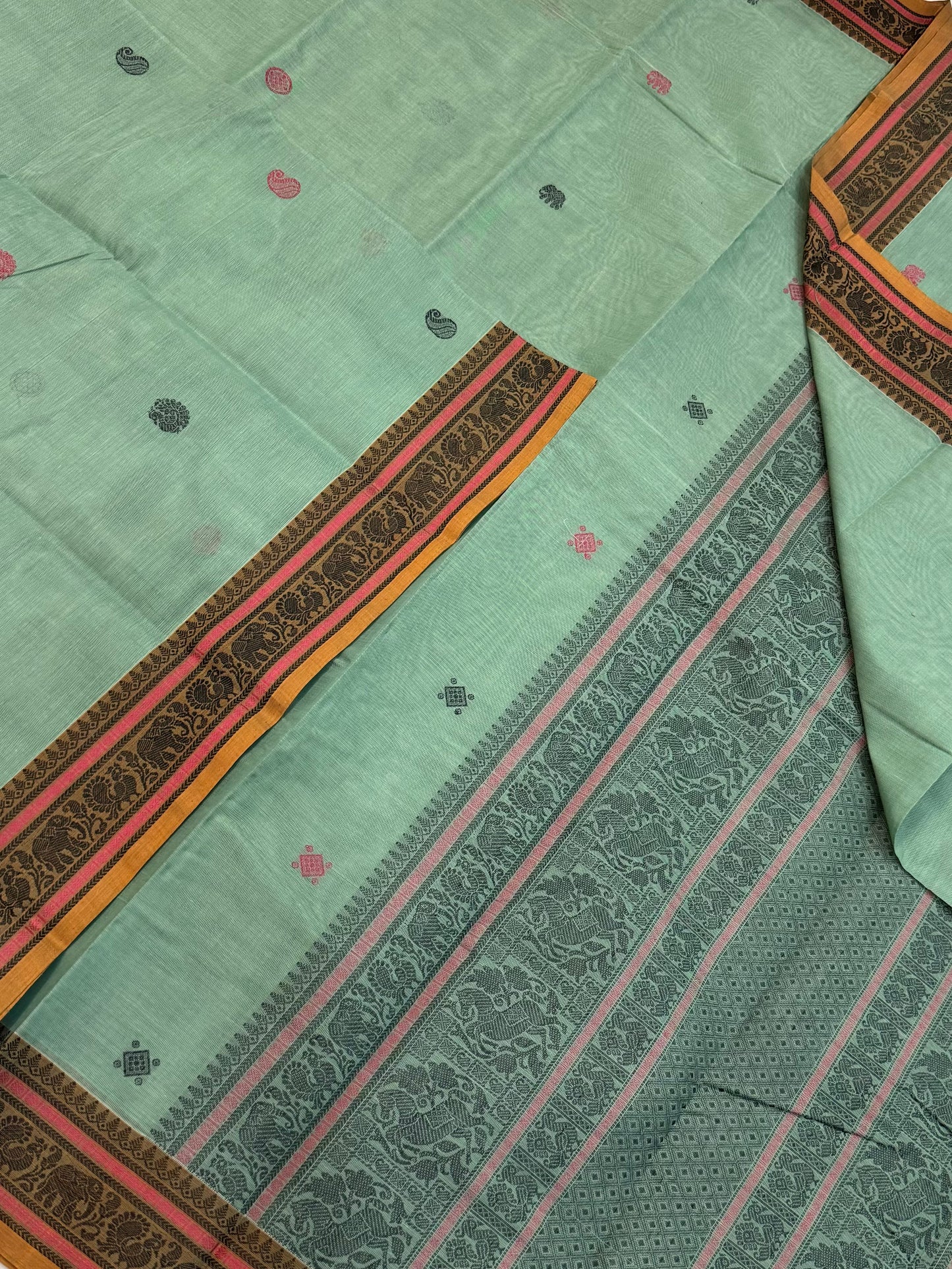 Pure Handloom Kanchi rich Cotton Saree | tiny border X mango motif |teal green x pink X Manjal