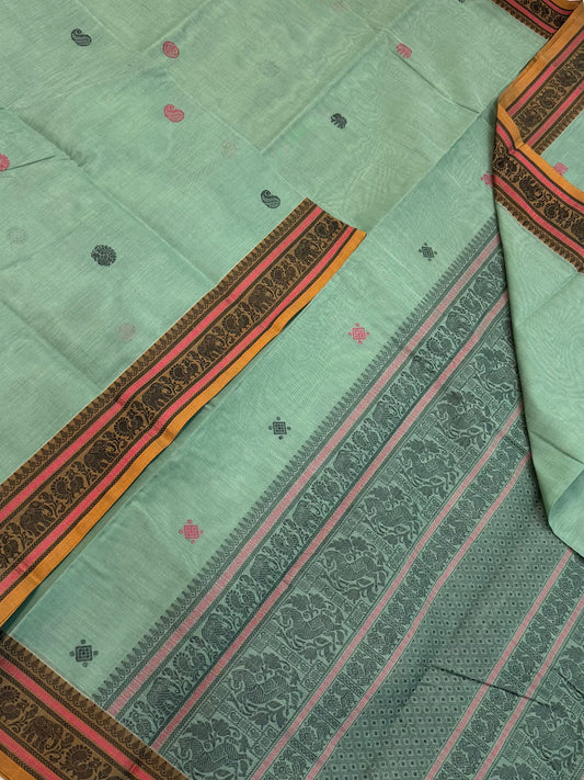 Pure Handloom Kanchi rich Cotton Saree | tiny border X mango motif |teal green x pink X Manjal