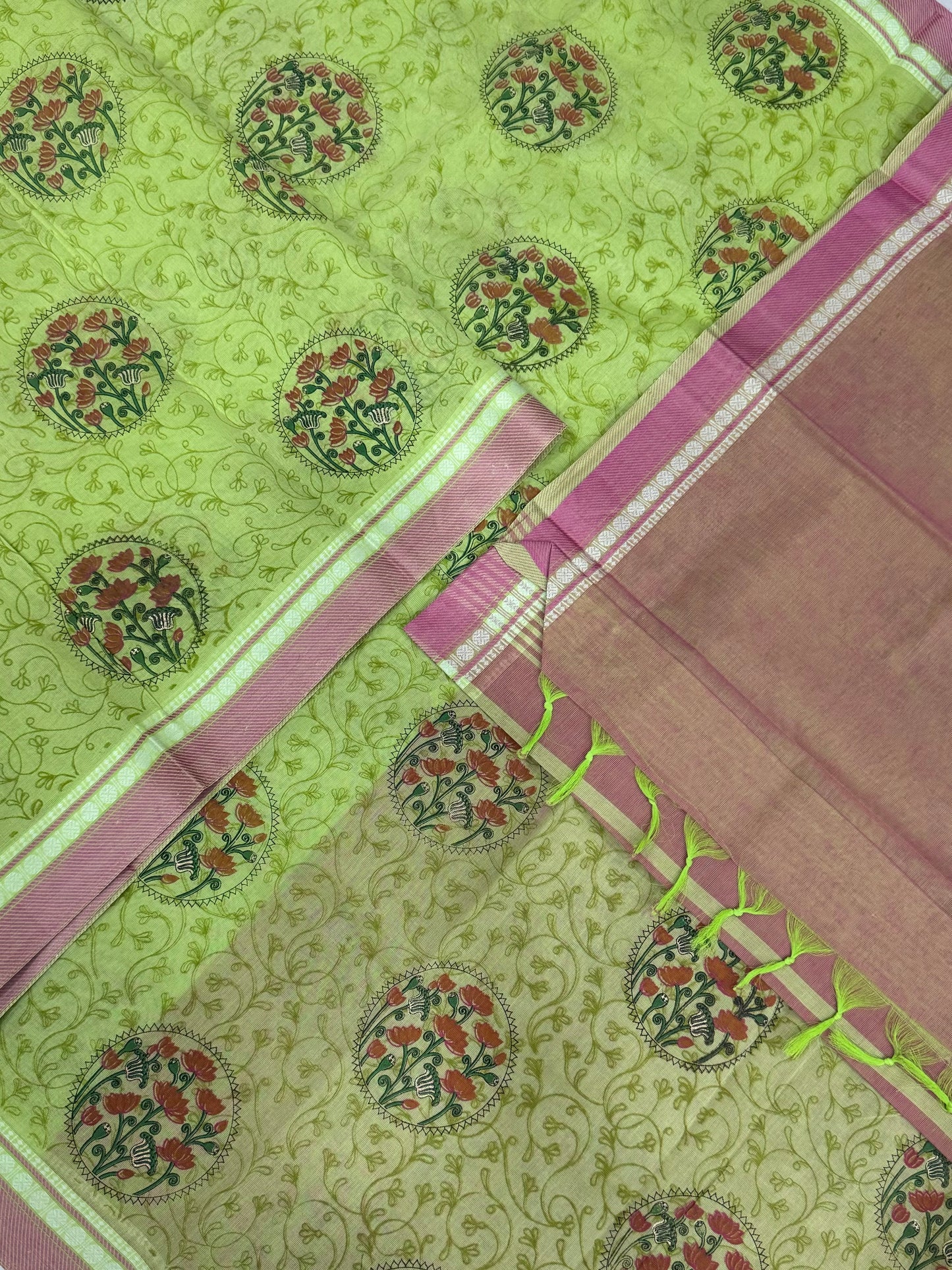 Kadhi soft Cotton | leaf green X pink | thread border X floral