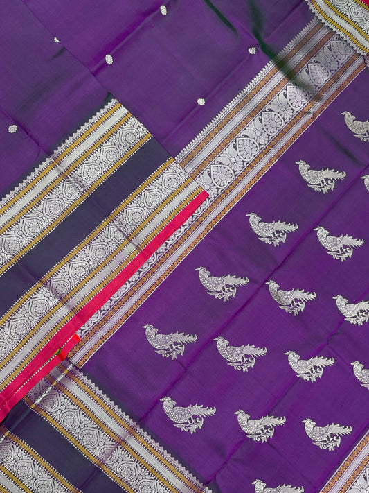 Pure Kanjivarams | zero zari | rettaipet X mayil pallu |twotone violet x red | Handwoven luxury x 4 ply master weave | NKV35