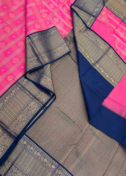 Vegan Silk Sarees Online | pink X navy blue | 2x2 kattam