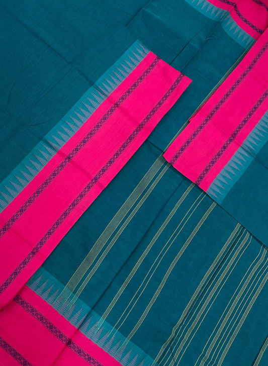 Korvai Kanchi cotton | korvai temple border | cyan blue X dark pink