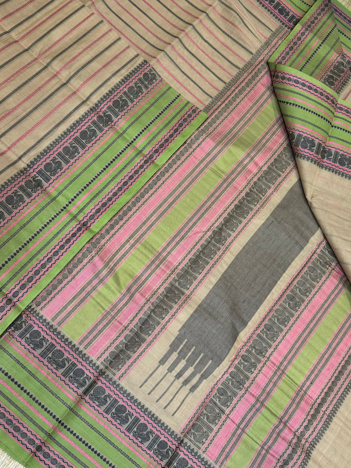 Pure Handloom Kanchi rich Cotton Saree | veldhari X thread woven pallu | cream x green