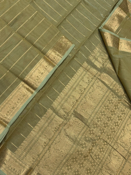 Pure Handloom Kanchi rich Cotton Saree | veldhari X Yaanai border | pastel green x gold