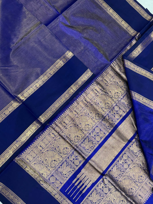 Kanchi Tissue Silk Cotton Sarees | MS BLUE X GOLD |  rettaipet Zari border  x gold VAIRAOOSI | NKV100