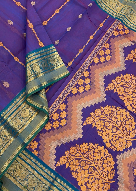 Kanchi soft cotton | violet x rich thread pallu | kanchipuram zari border