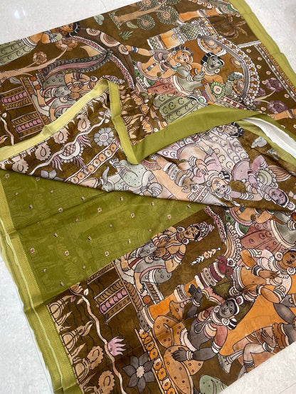 Ponduru feather soft cotton | story telling saree | brown x green |NKV27