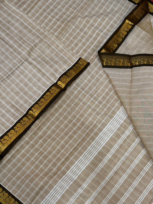 Kanchi soft cotton | Zari tiny border | beige cream x brown