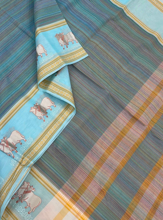 Kadhi soft Cotton | multicolor x sky blue | pichwai embroidery thread border