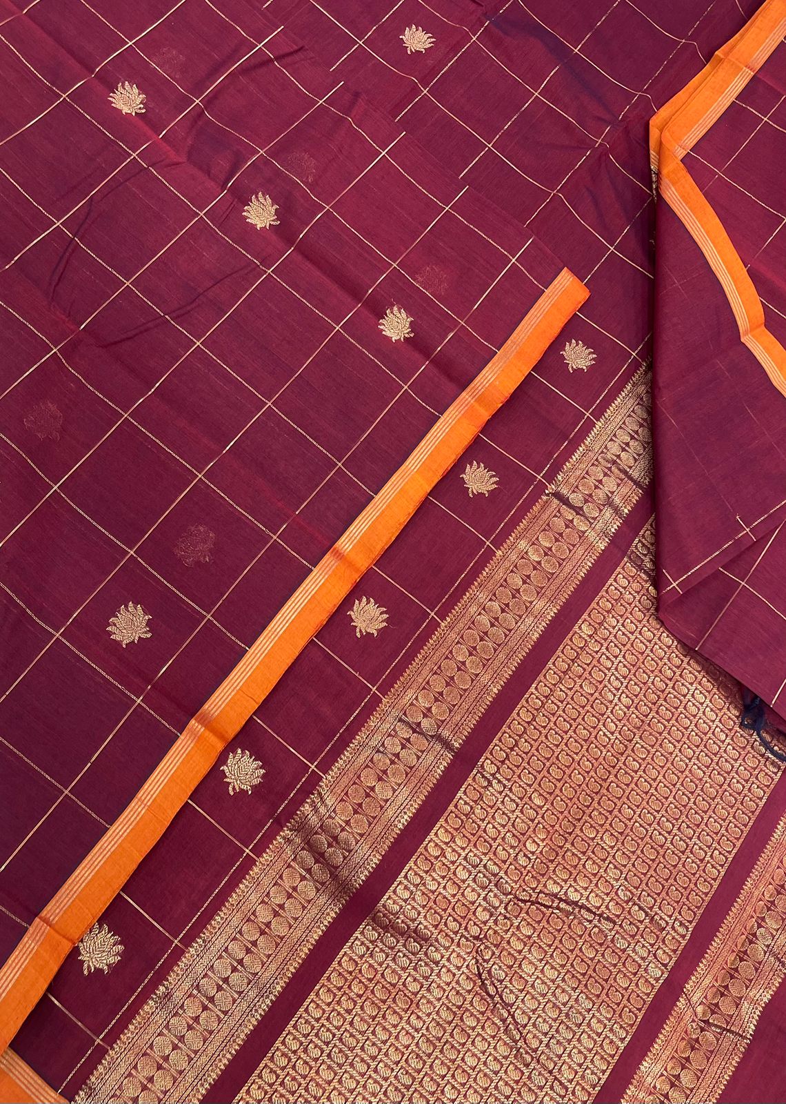 Kanchi handloom rich cotton |kattam butta x lotus x oosi kattam border | aaraku x orange