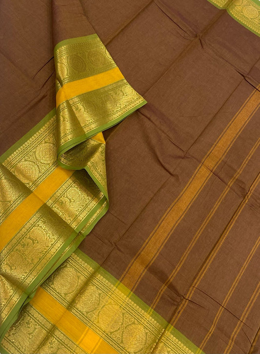 Kanchi soft cotton | rich zari border | brown x green