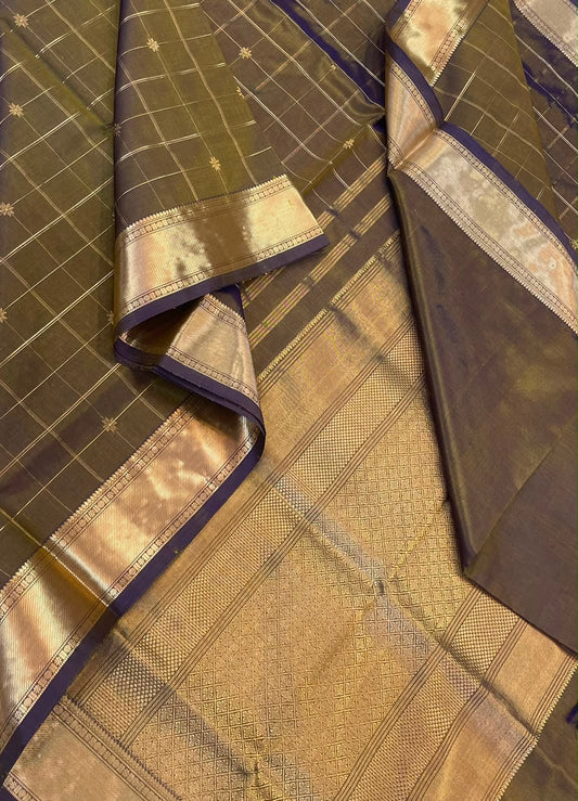 Kanchi Silk Cotton Sarees | zari thick border x Zari plus motif X rich pallu | olive green X gold