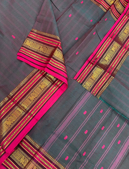 Kanchi soft cotton | kattam X thread woven |mayil zari border | twotone blue X pink