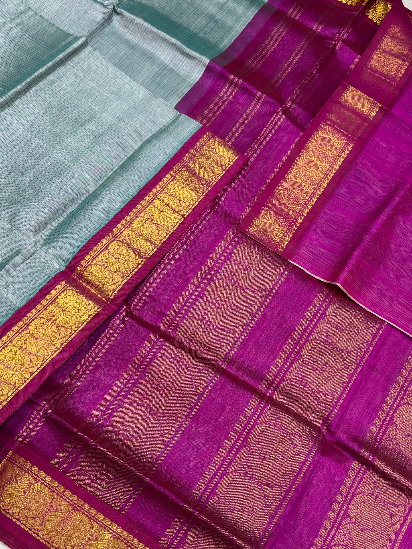 Kanchi Silk Cotton Sarees | classic Korvai border silk cotton |  podi kattam | skyblue X Rani pink