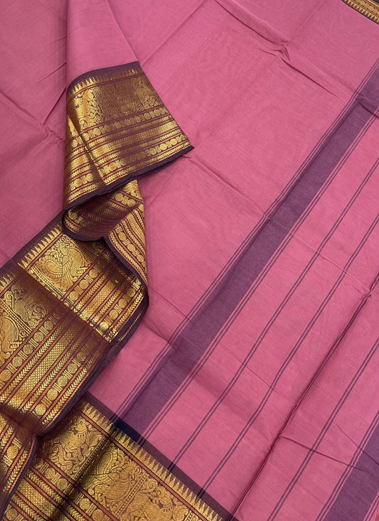 Kanchi soft cotton | pink x dark brown | yhazli Zari border
