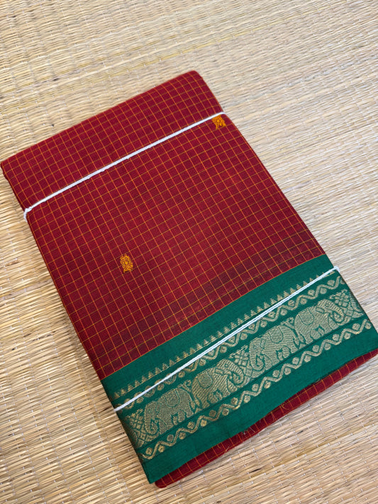 Kanchi soft cotton | red x green | kattam x tiny Zari  border