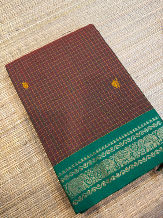 Kanchi soft cotton | twotone brown x green | kattam x tiny Zari border