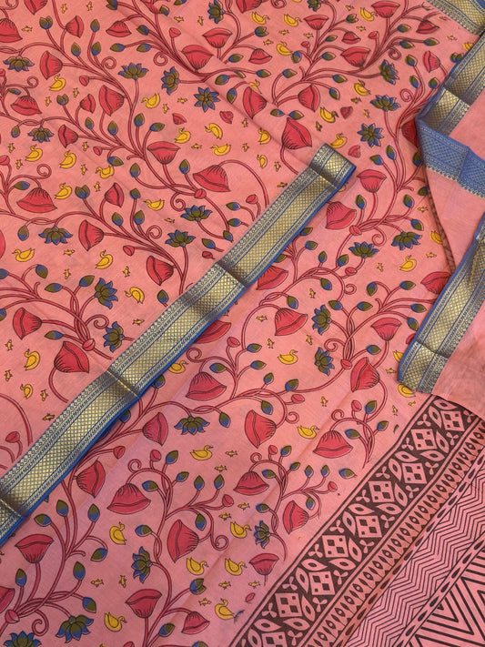 Kadhi soft Cotton | pink x blue | nizam thread border X tulips prints