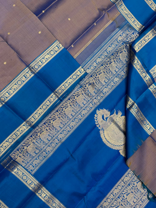 Pure Kanjivarams | rettaipet border X thogai mayil | two tone X blue |Handwoven luxury x 4 ply master weave | NKV45