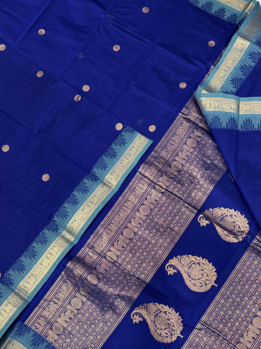 Pure Handloom Kanchi rich Cotton Saree | royal blue X sky blue | tiny border