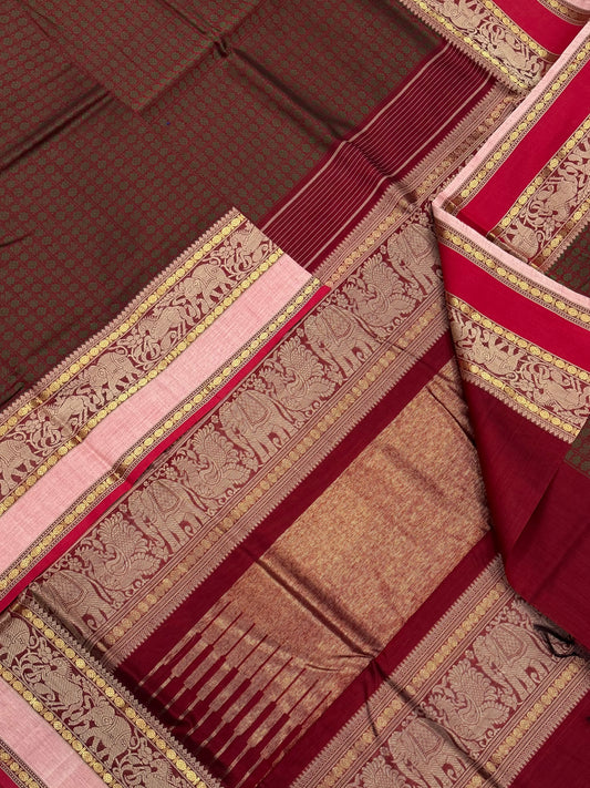 Pure Handloom Kanchi mercerised rich Cotton Saree | 20000 BUTTA X Ganga Jamuna | aaraku x green X baby pink X red