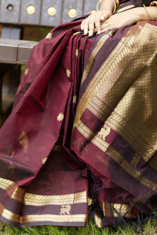 Kanchi Silk Cotton Sarees | luxury silk cotton | kolam x rettaipet small border| aaraku X gold